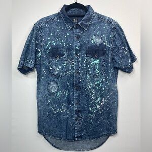 Enter The Void Shirt Mens Medium Denim Button Down Distressed Lived In Paint